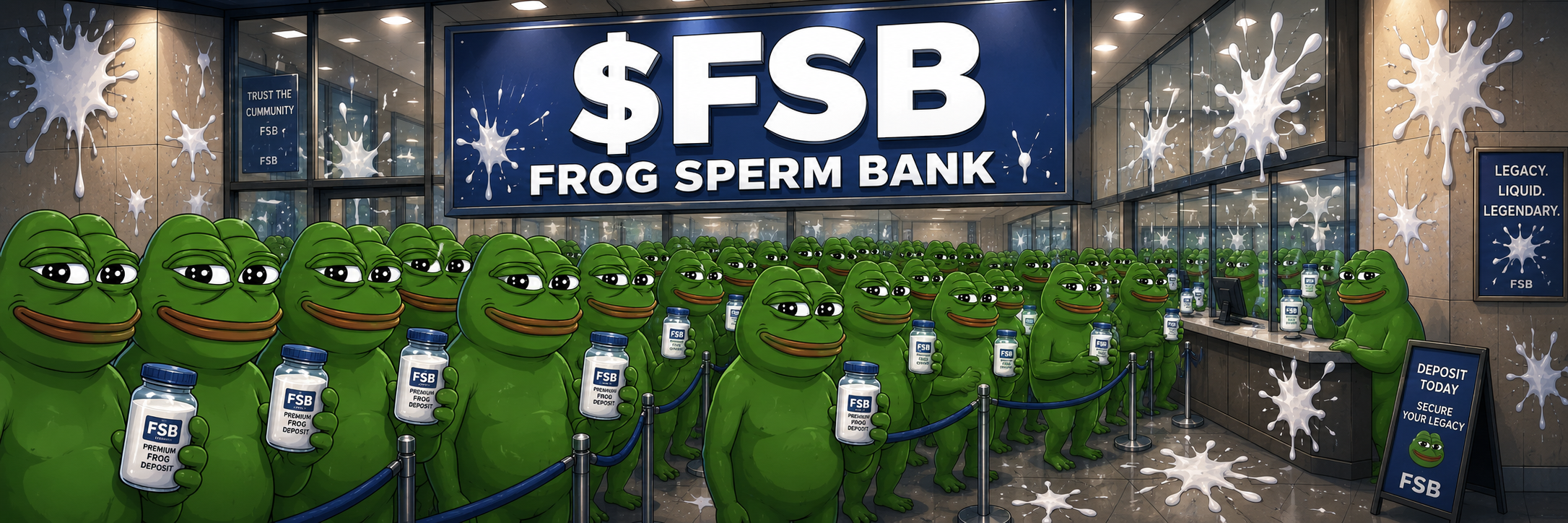 Frog Sperm Bank — frogs in queue holding FSB jars