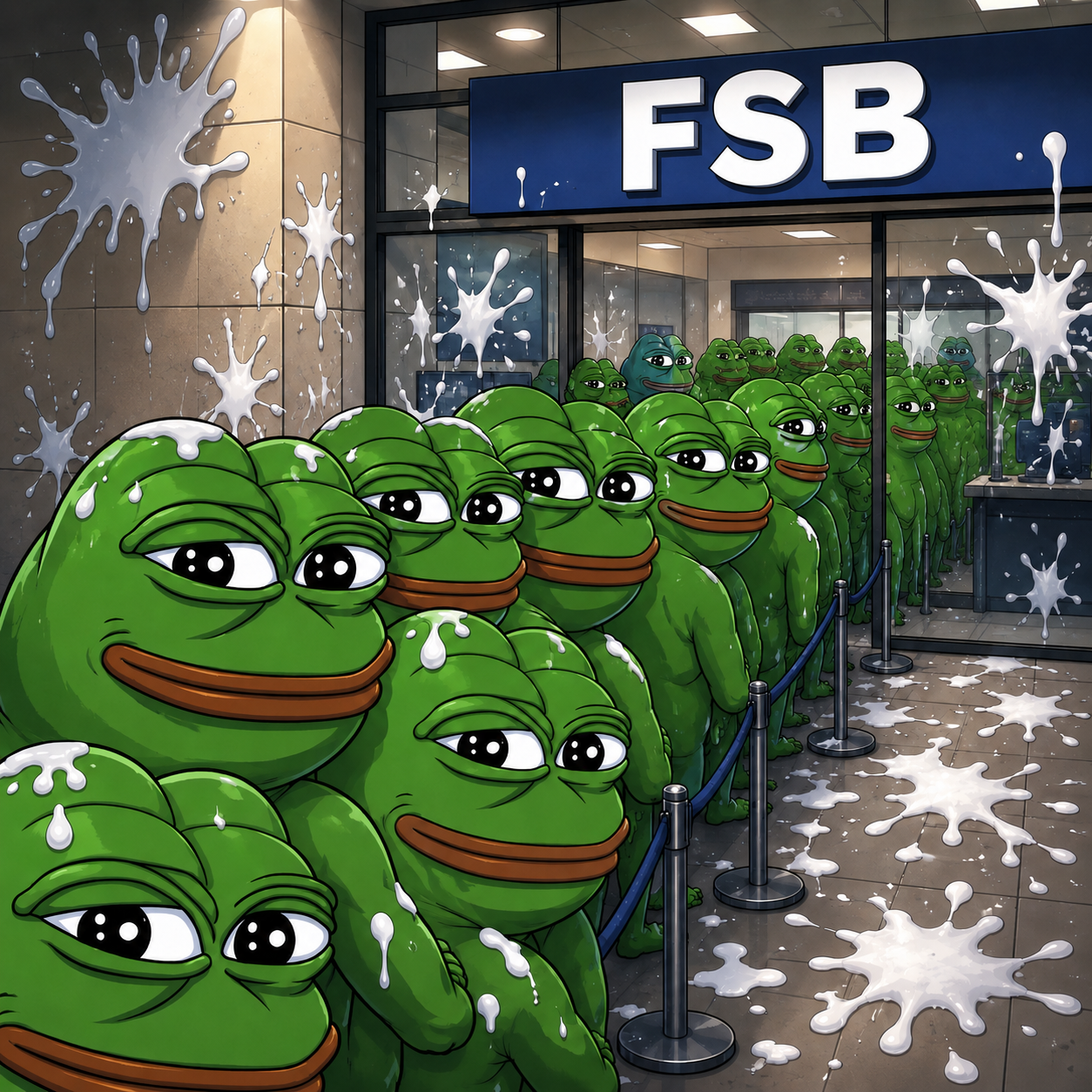 Frogs queuing outside the FSB bank